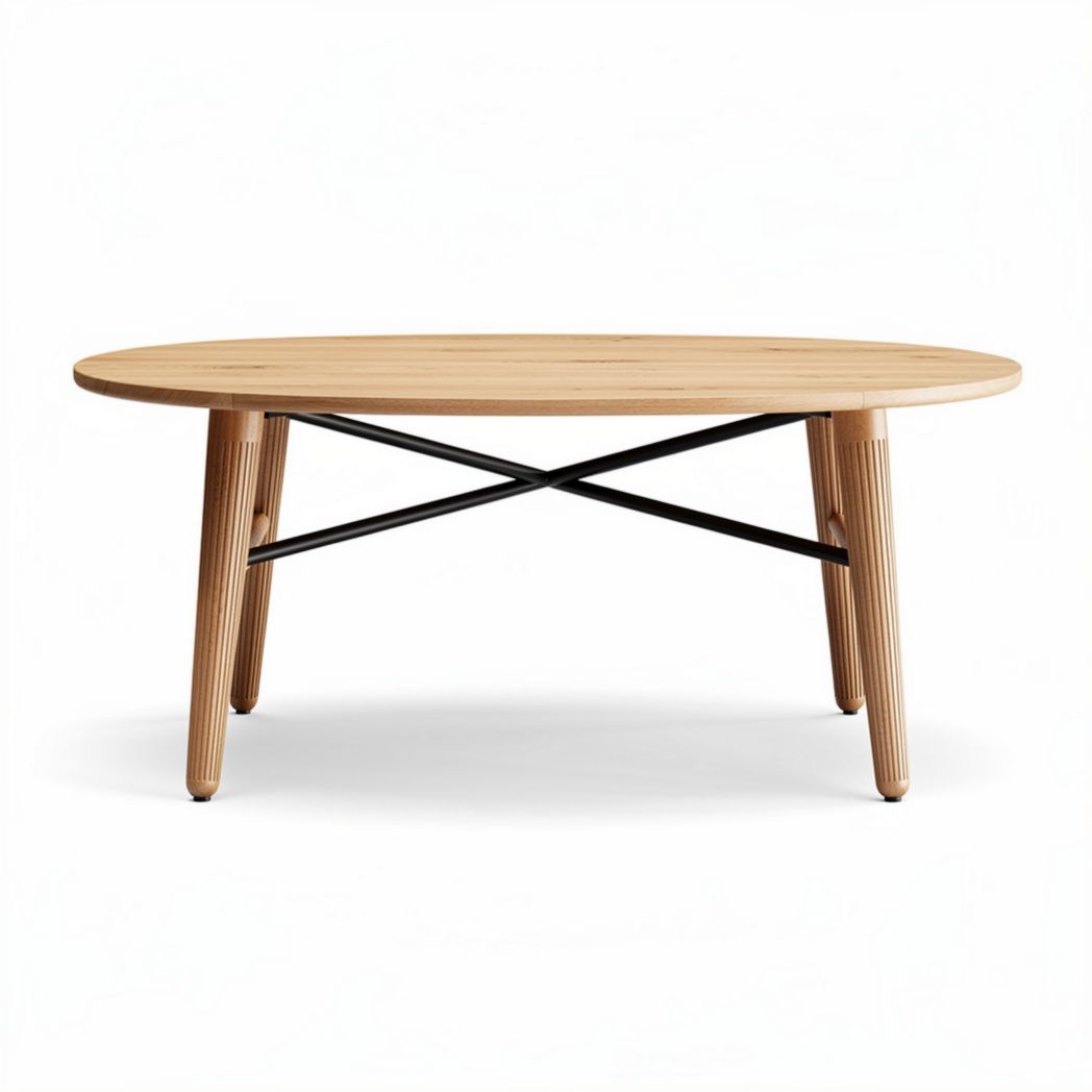 Wooden coffee table with black metal legs 100 x 60 x 45cm oval design