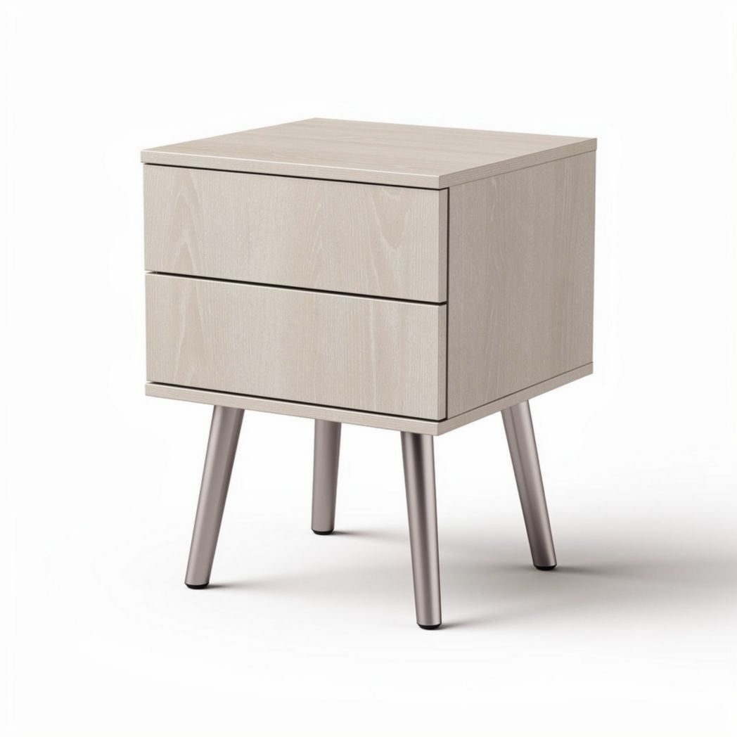 Wooden nightstand with two drawers and metal legs in light gray 60 x 40 x 50cm