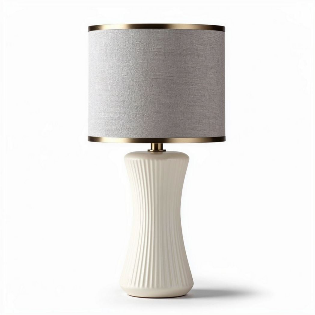 Ceramic table lamp with grey fabric shade and gold trim 25 x 25 x 50cm