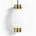 Brass pendant light fixture with white glass shade for indoor use