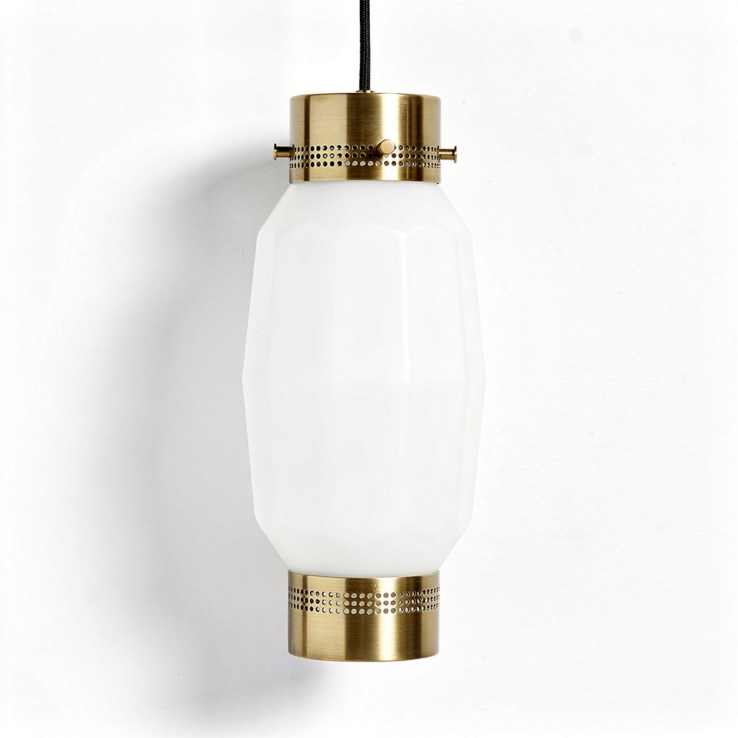Brass pendant light fixture with white glass shade for indoor use