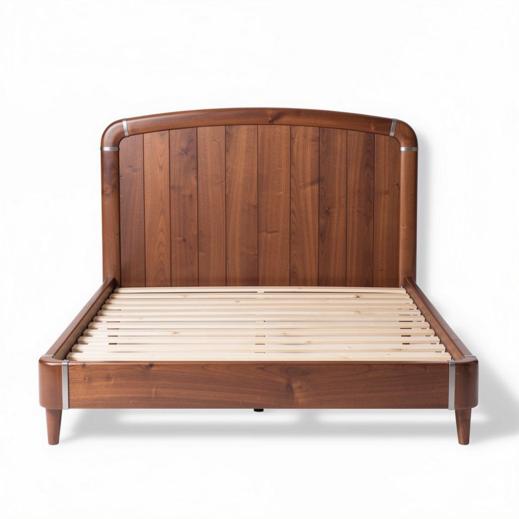 Wooden bed frame with slatted base in walnut finish 200 x 160 x 100cm