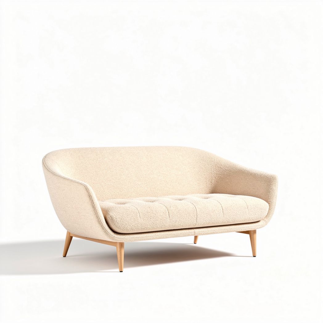 Fabric upholstered two-seater sofa with wooden legs in cream color 150 x 80 x 75cm