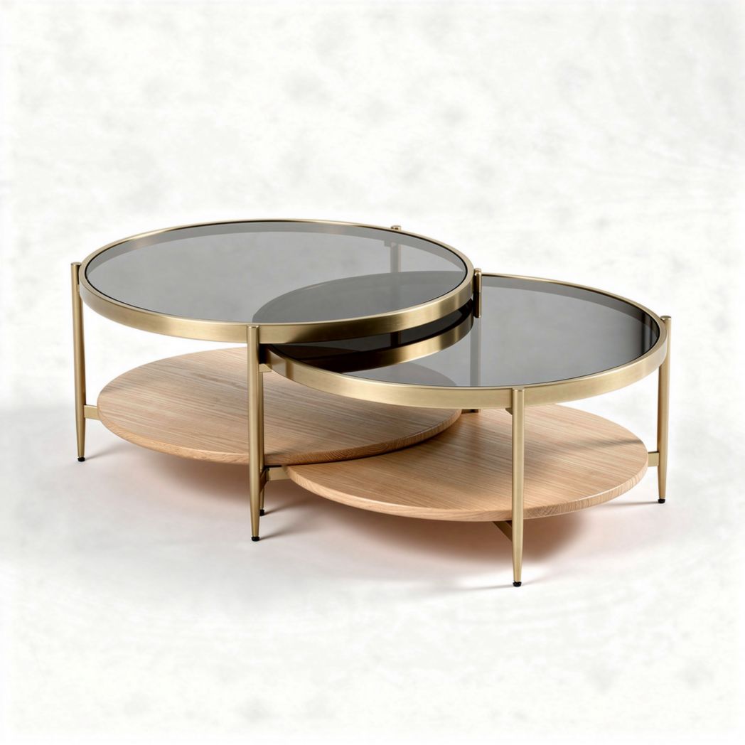 Round nesting coffee tables with glass top and wooden base in gold 60 x 60 x 40cm