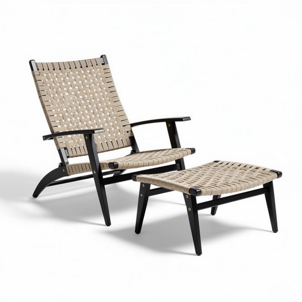 Woven outdoor lounge chair and ottoman set with solid wood frame beige