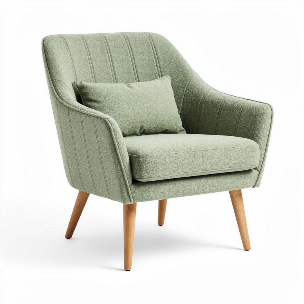 Green fabric accent chair with wooden legs and removable cushion 80 x 80 x 85cm