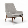 Mid-century modern accent chair in light gray fabric with wooden legs