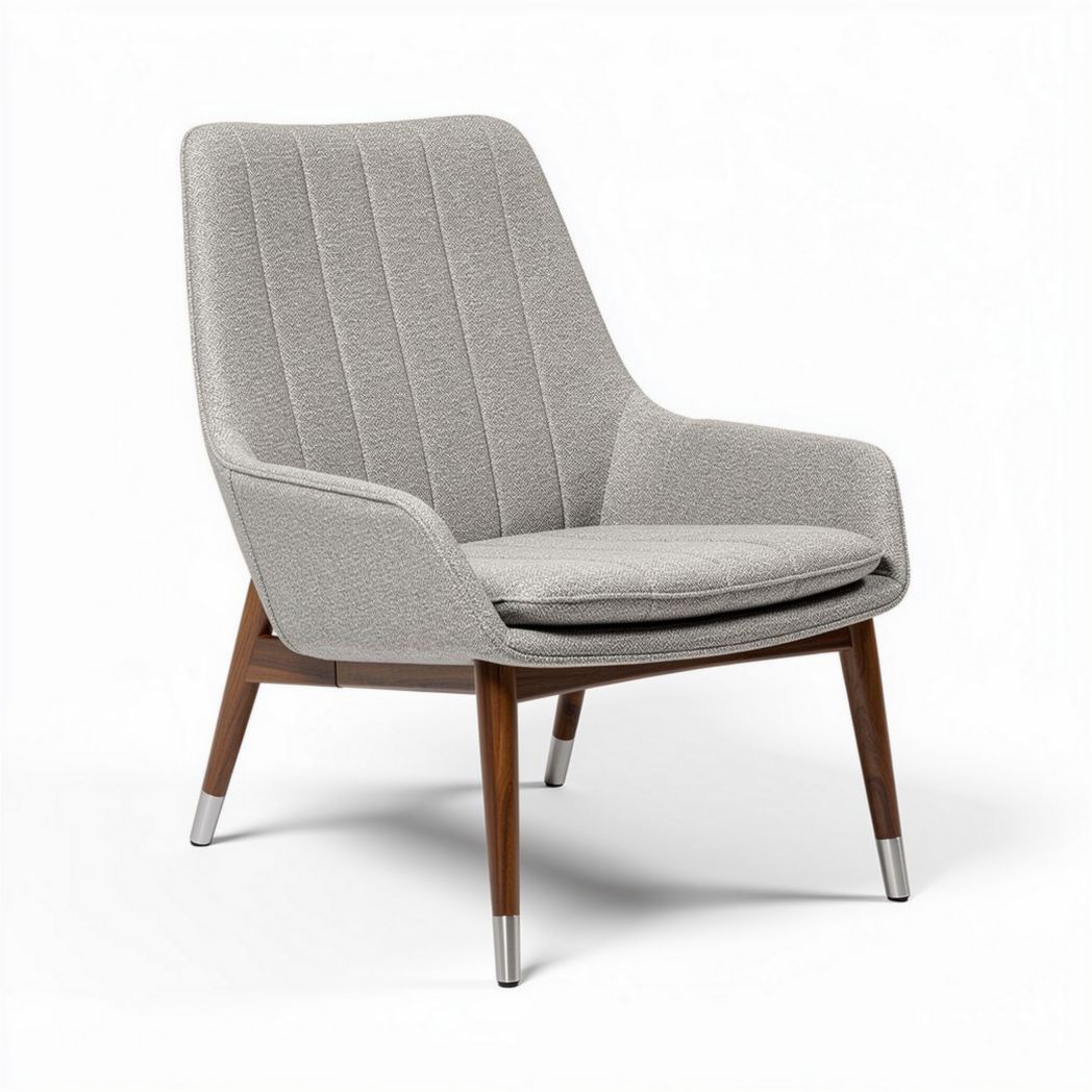 Mid-century modern accent chair in light gray fabric with wooden legs