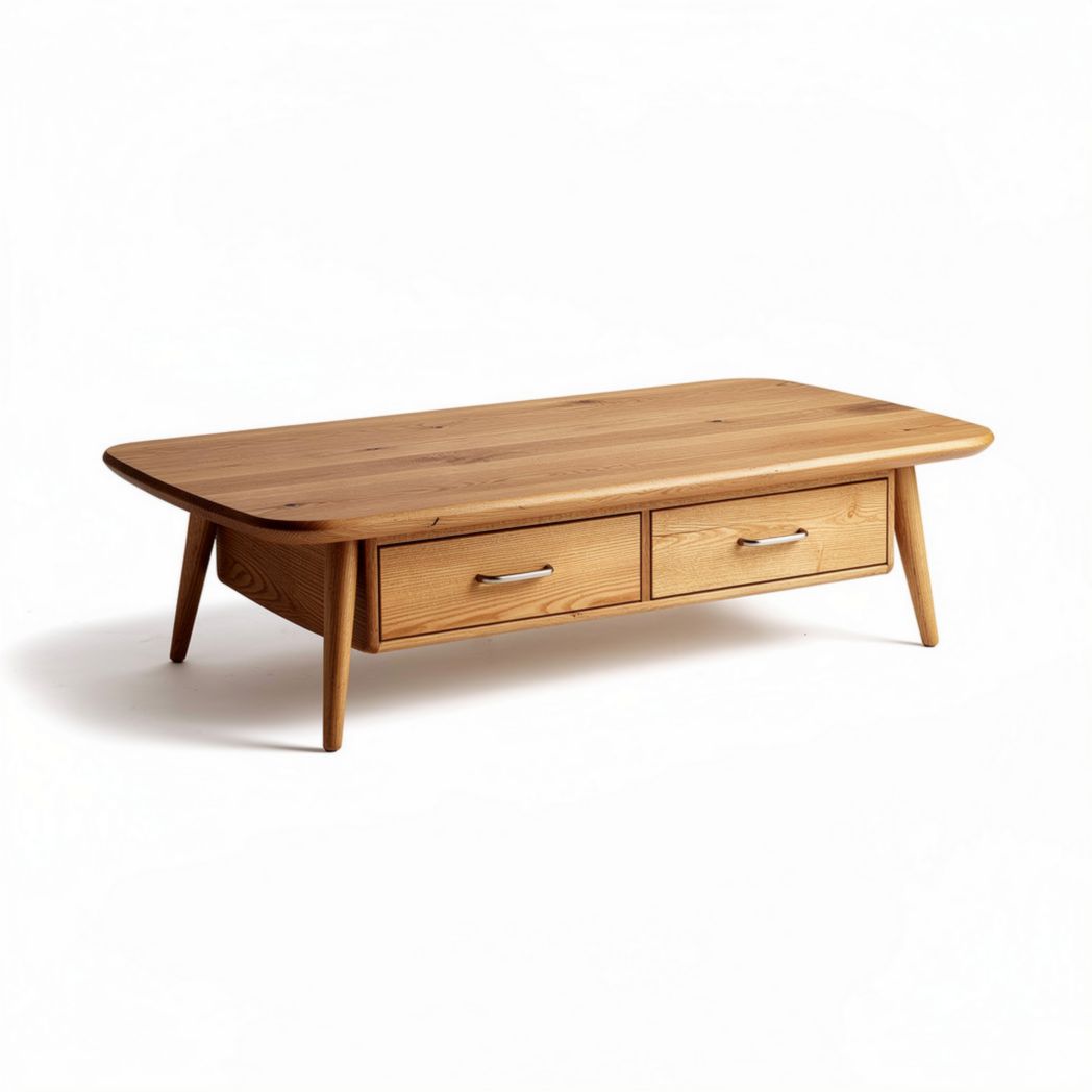 Natural wood coffee table with two drawers 120 x 60 x 45cm