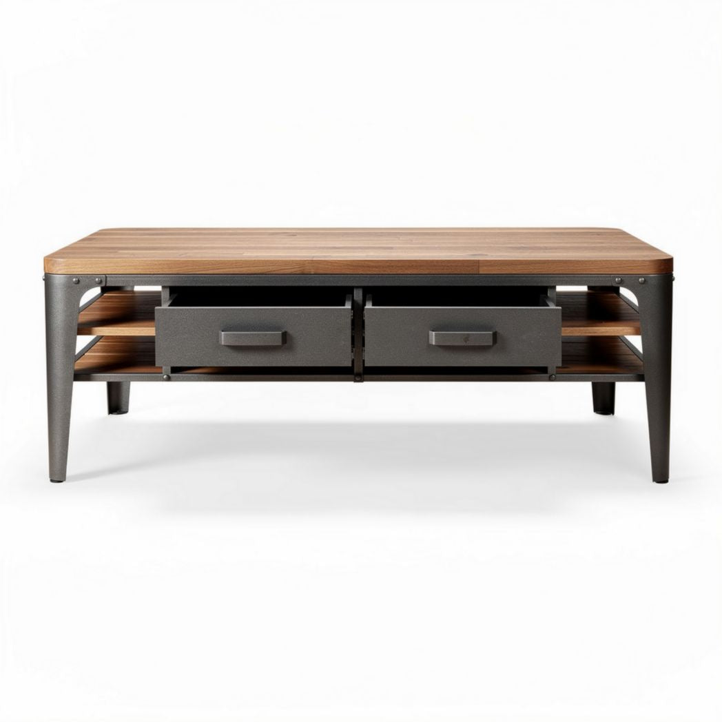 Wood and metal coffee table with two storage drawers 120 x 60 x 45cm