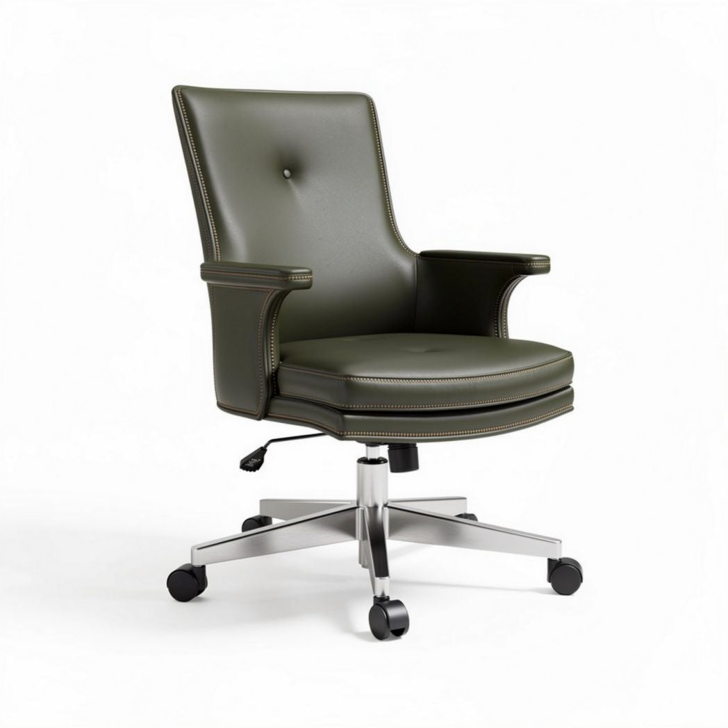 Leather task chair with swivel base and adjustable height in olive green