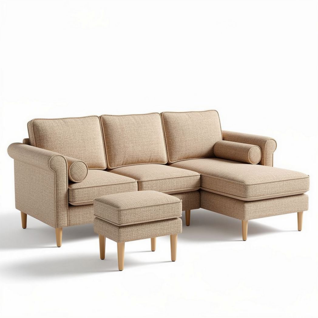 Beige fabric sectional sofa with matching ottoman and decorative pillows 200 x 100 x 85cm